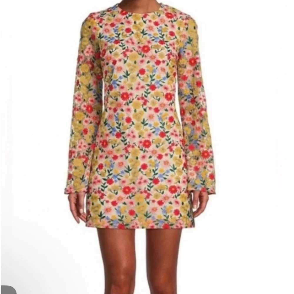 Antonio Melani Nat Note Floral Embroidered Mini Dress Sheer Sleeve Sz 6/S *